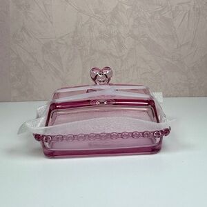 Pink Glass Butter Dish with Heart Handle